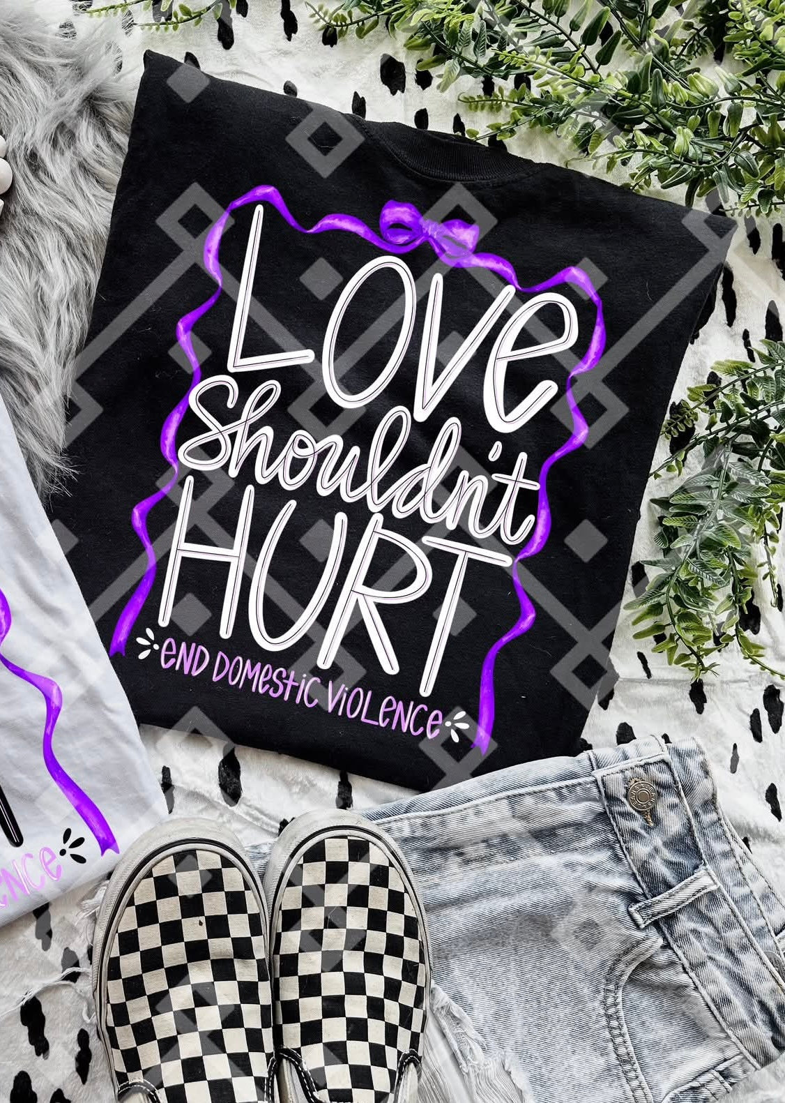 Love shouldn’t hurt purple bow white text (crafti) DTF transfer