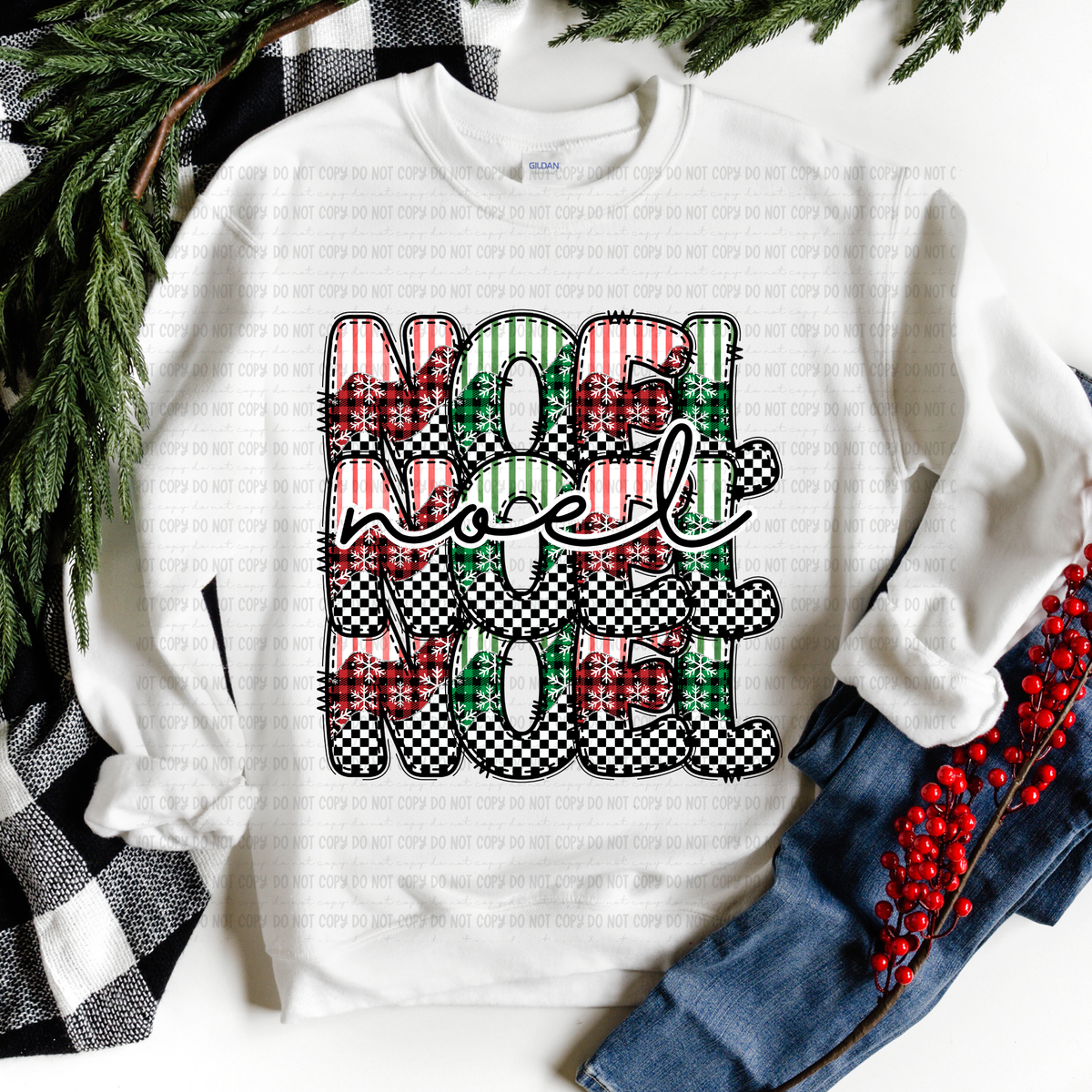 Noel Stacked stripe plaid and checker (revel) with cursive DTF Transfer