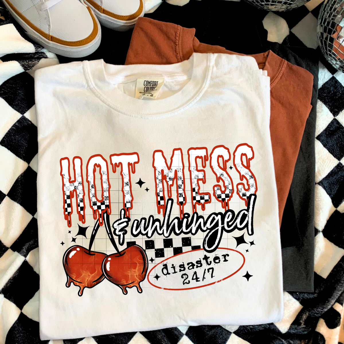 Hot Mess and Unhinged cherries BLACK accents CSC DTF Transfer