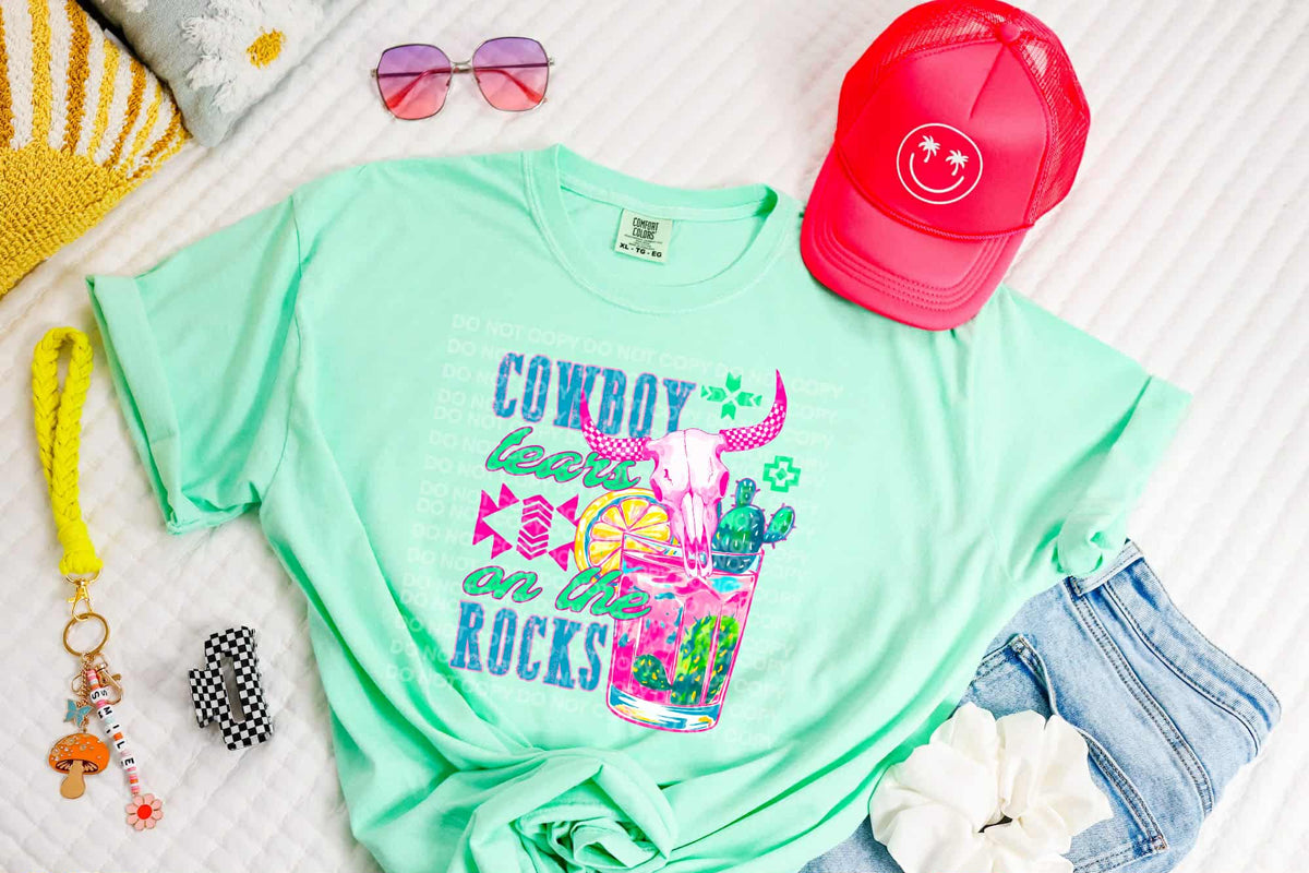 Cowboy tears on the rocks bull skull and glass SCG DTF transfer