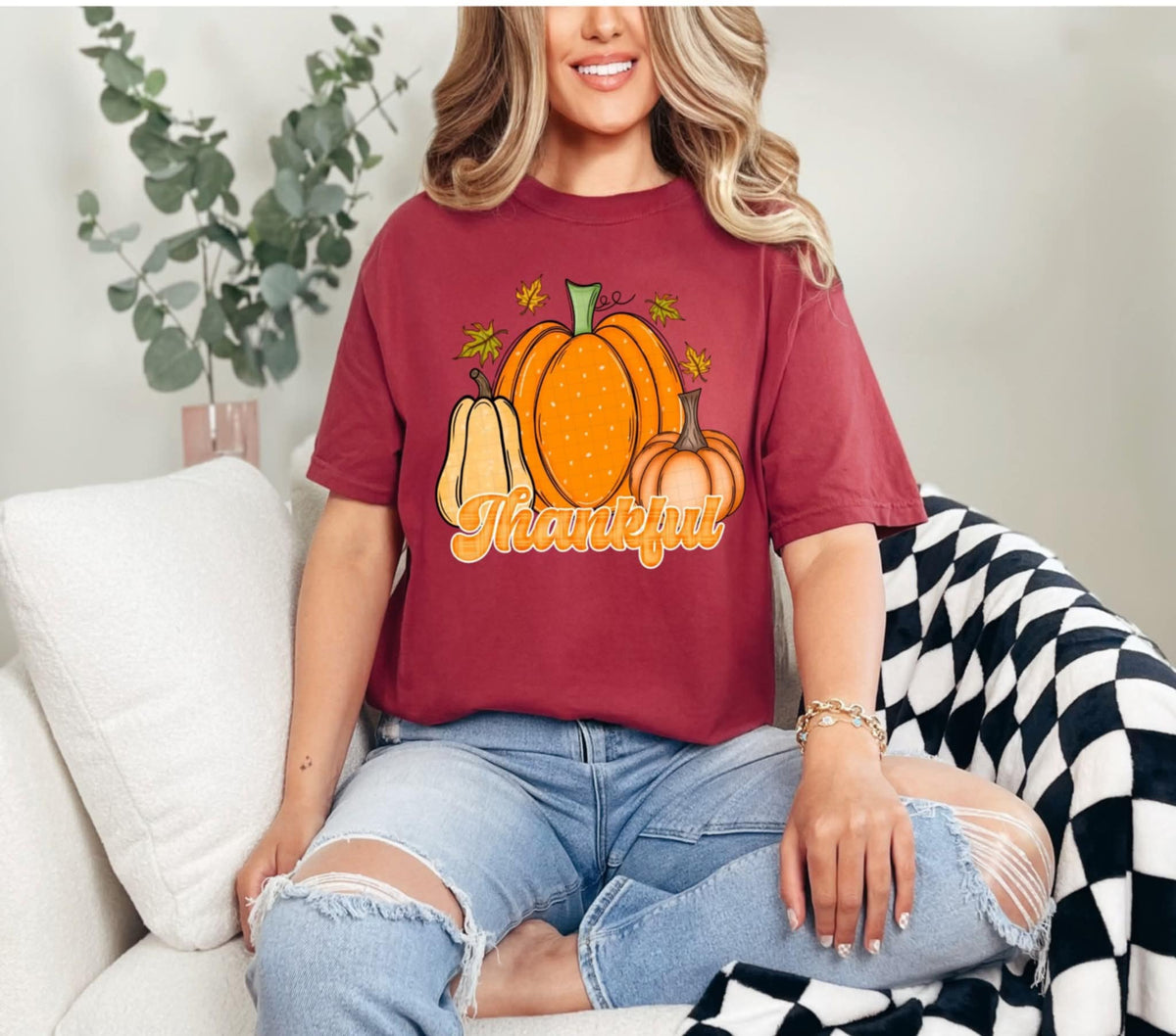Plaid thankful pumpkin watercolor dots (Linda) 107859 DTF transfer