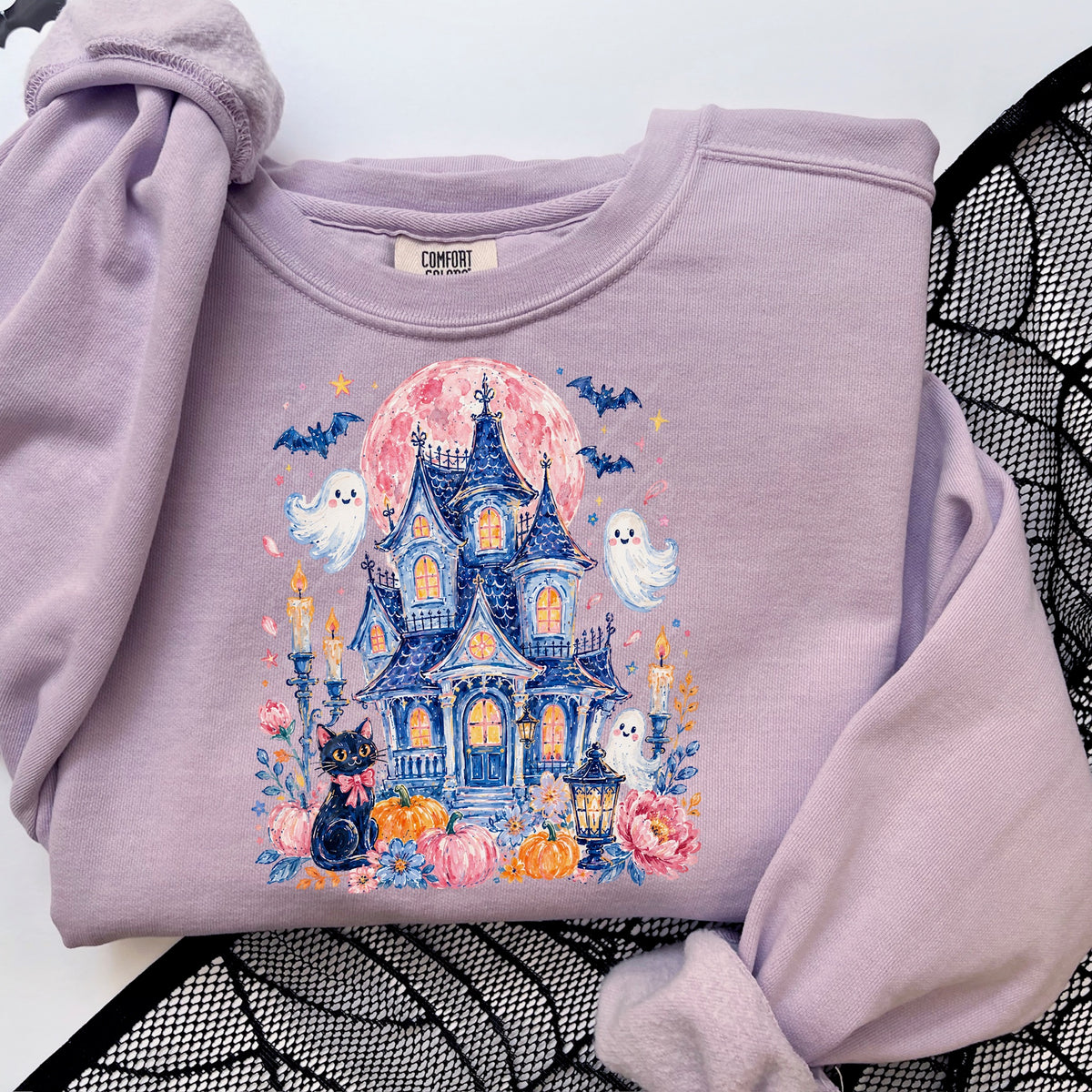 Blue Haunted house with pink moon DTF Transfer