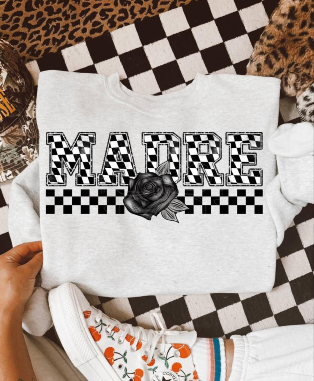Madre checkered with black rose (Unhinged) 99332 DTF transfer