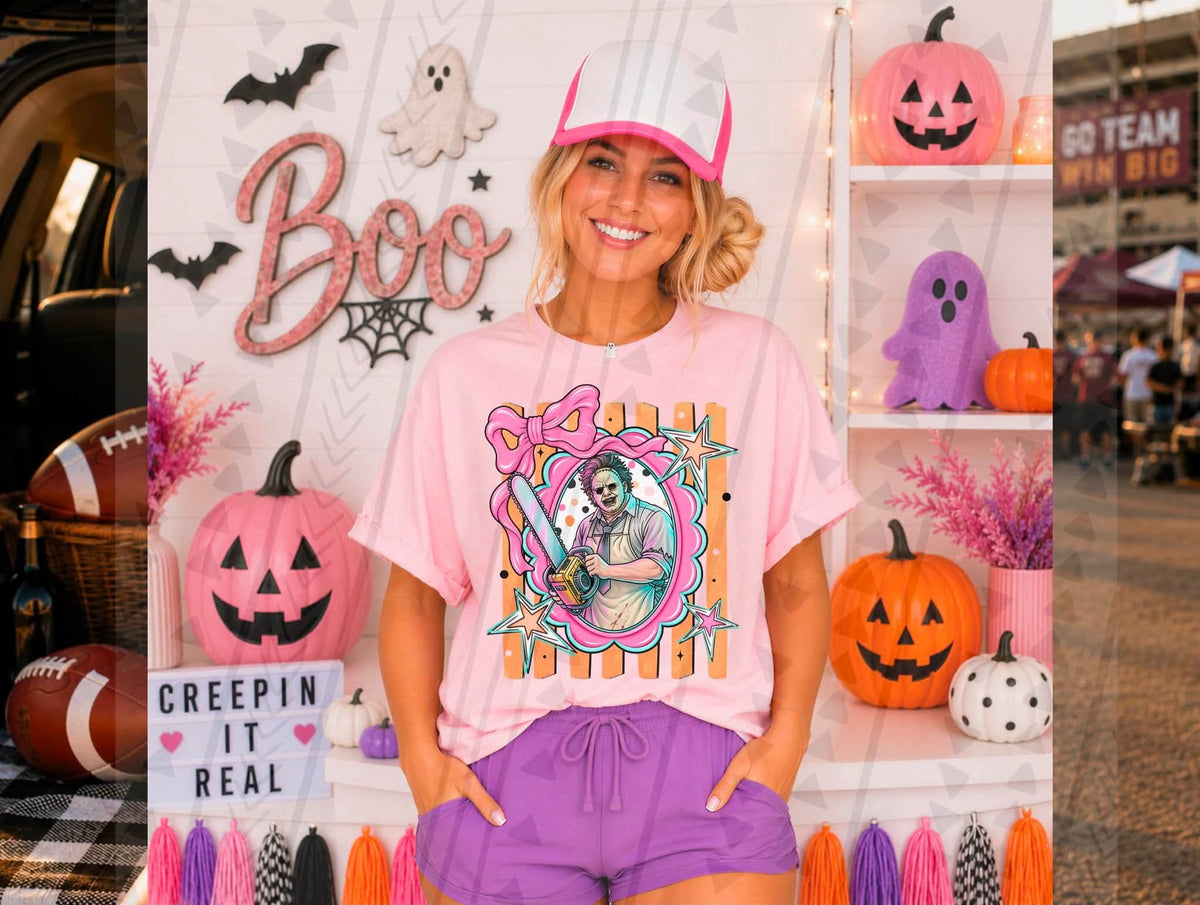 Preppy chainsaw with bow and stripe background SUNDAY SPECIAL DTF transfer