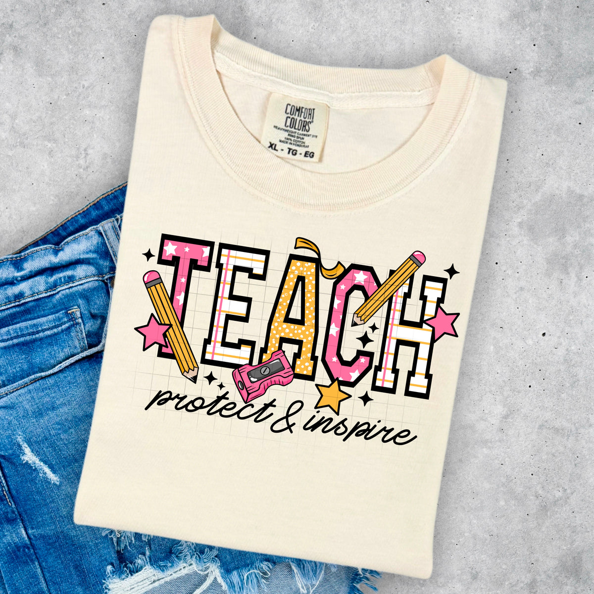 Teach Protect Inspire pink and yellow CSC DTF transfer