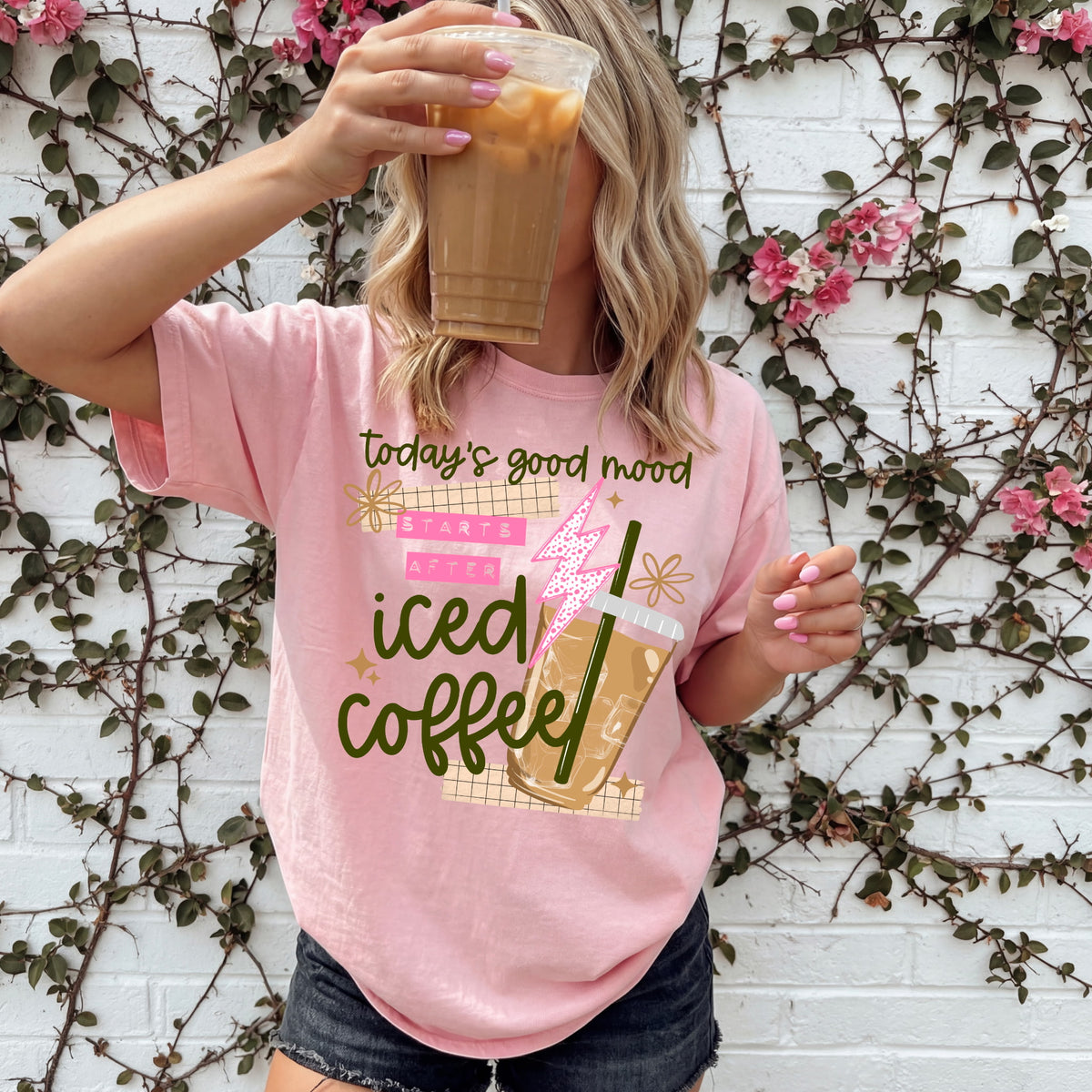 Iced coffee pink words Sunday Special DTF transfer