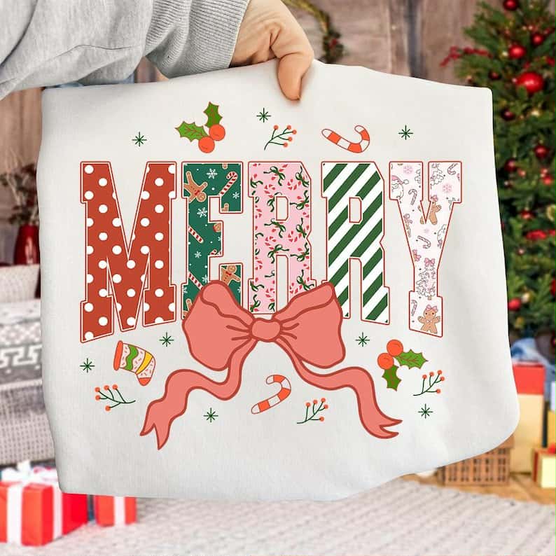 Merry Christmas varsity letters with red bow DTF transfer