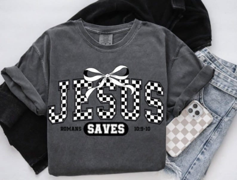Jesus saves checkered with bow 87752 DTF transfer
