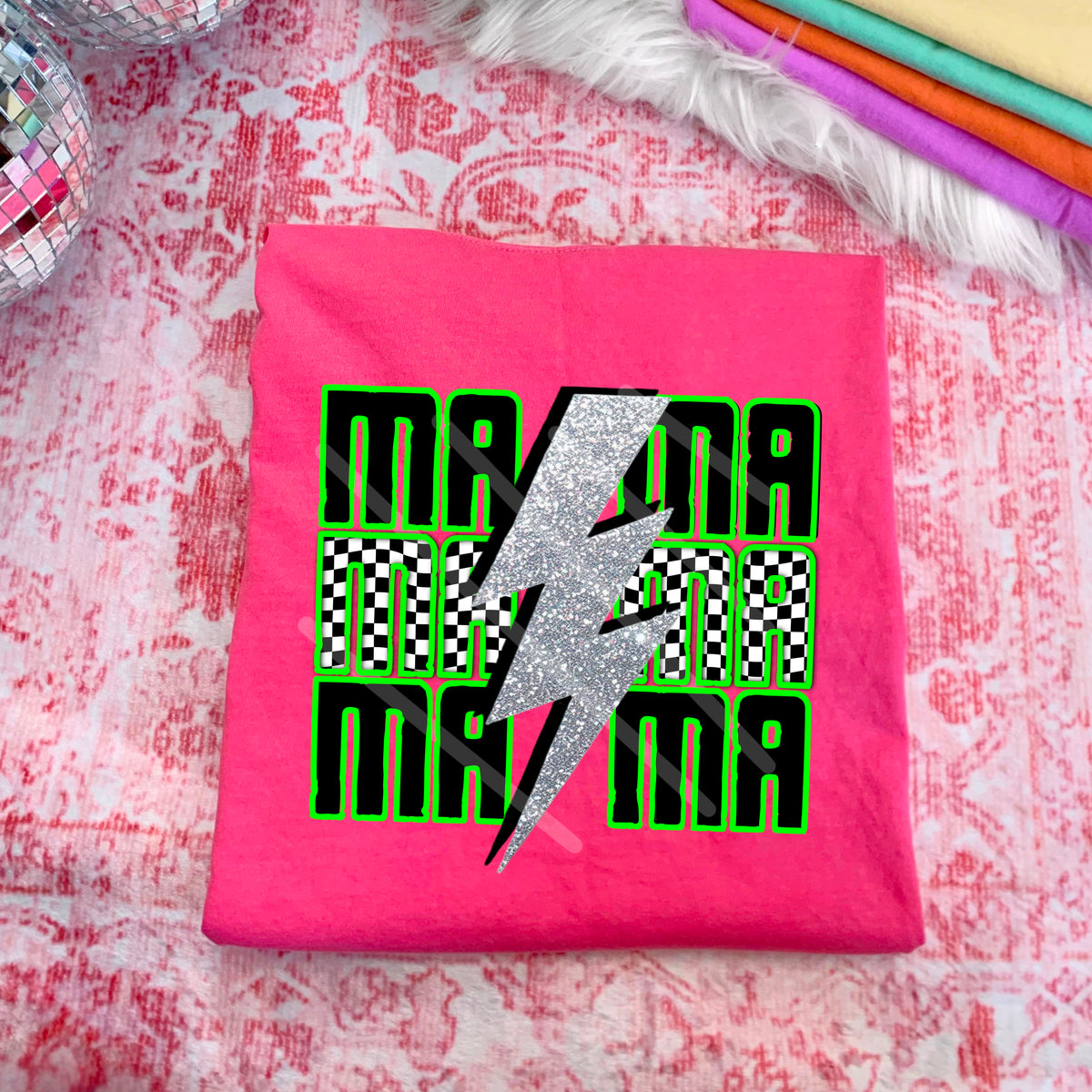 Green Black Checker Mama Lightning Bolt 110729 DTF transfer
