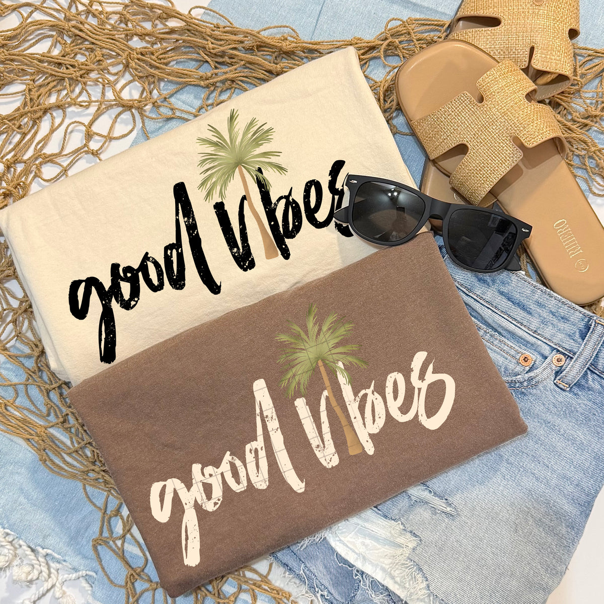 Good vibes palm tree (csc) (cream words) DTF Transfer