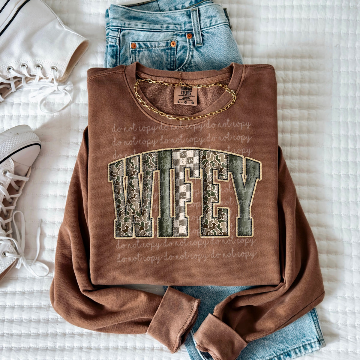 Wifey camo and checker varisty font 116748 DTF Transfer