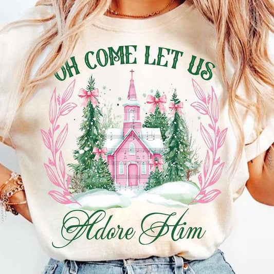 Oh come let us adore him church pink and green 70403 DTF transfer