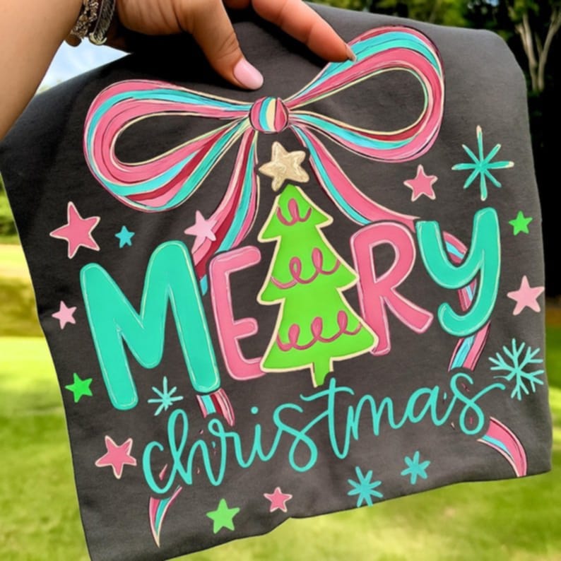 Merry Christmas with tree and bow pink teal green DTF transfer