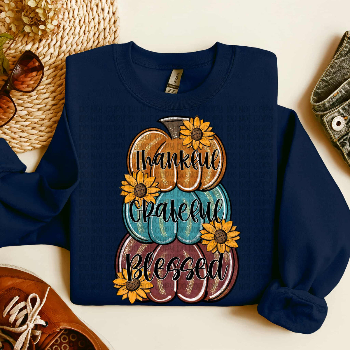 Thankful Grateful Blessed stacked pumpkins with sunflowers (VP) DTF transfer