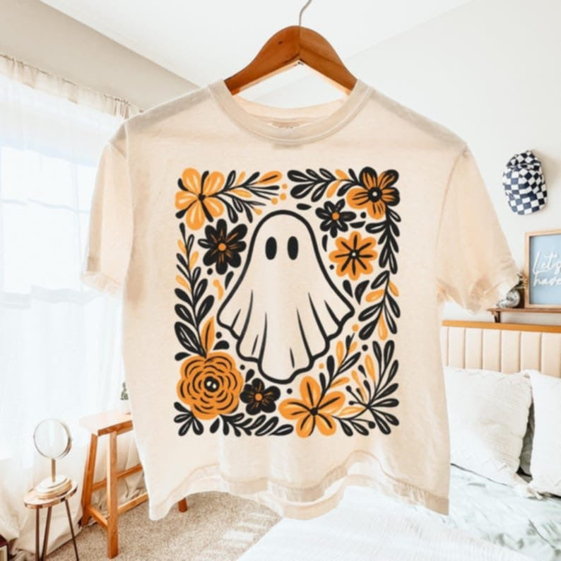Ghost with leaves and floral background 107794 DTF transfer