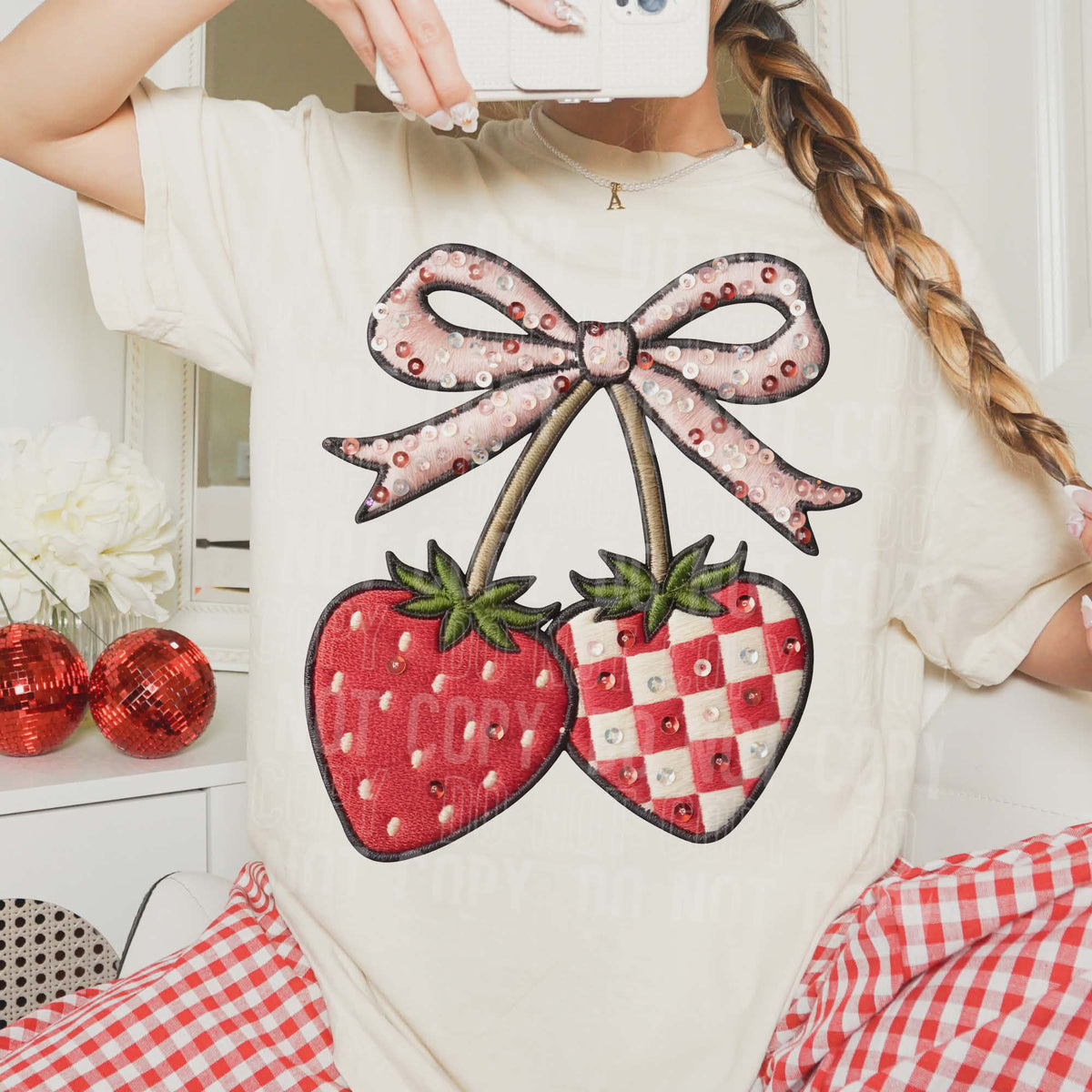 Embroidered Strawberries with Bow Special DTF transfer