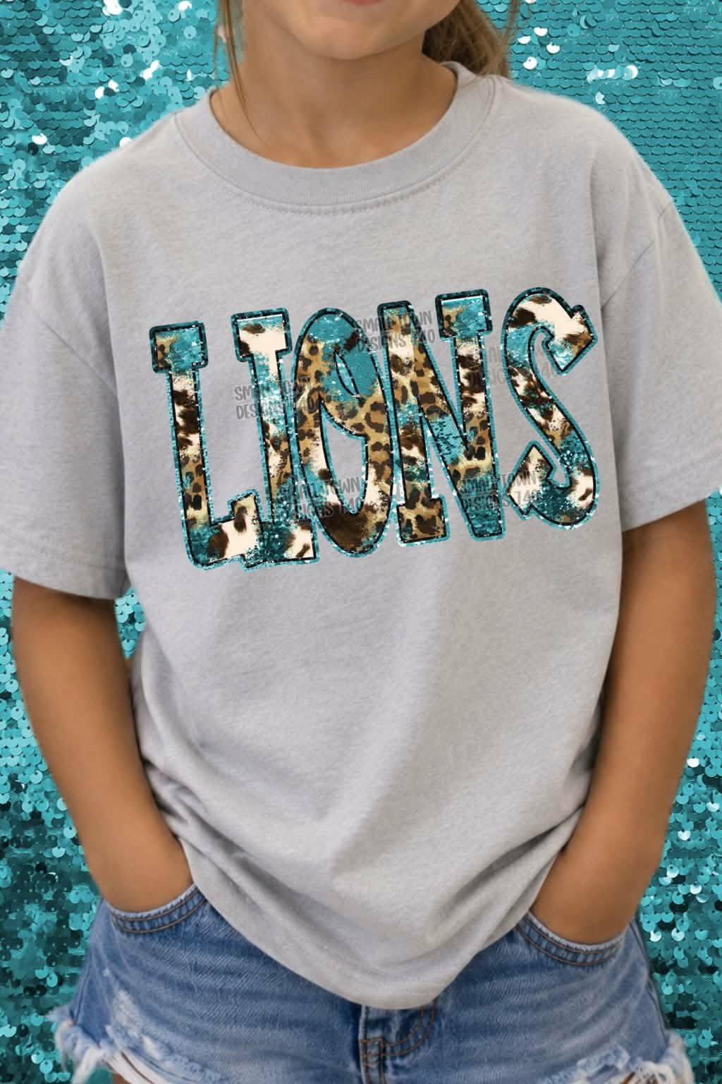 Lions animal print blue sequin outline (STD) DTF transfer