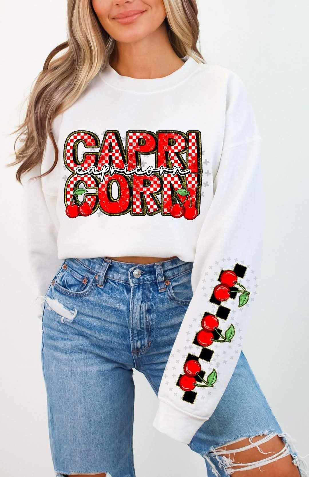 Capricorn red font cherries FRONT (C’s) 82754 DTF transfer