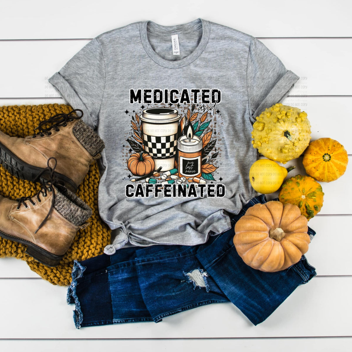 Medicated and Caffeinated with checker coffee and pumpkins (revel) DTF transfer