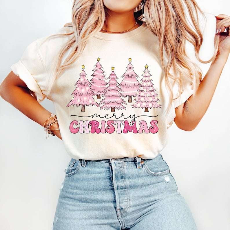 Merry Christmas pink trees 62219 DTF transfer