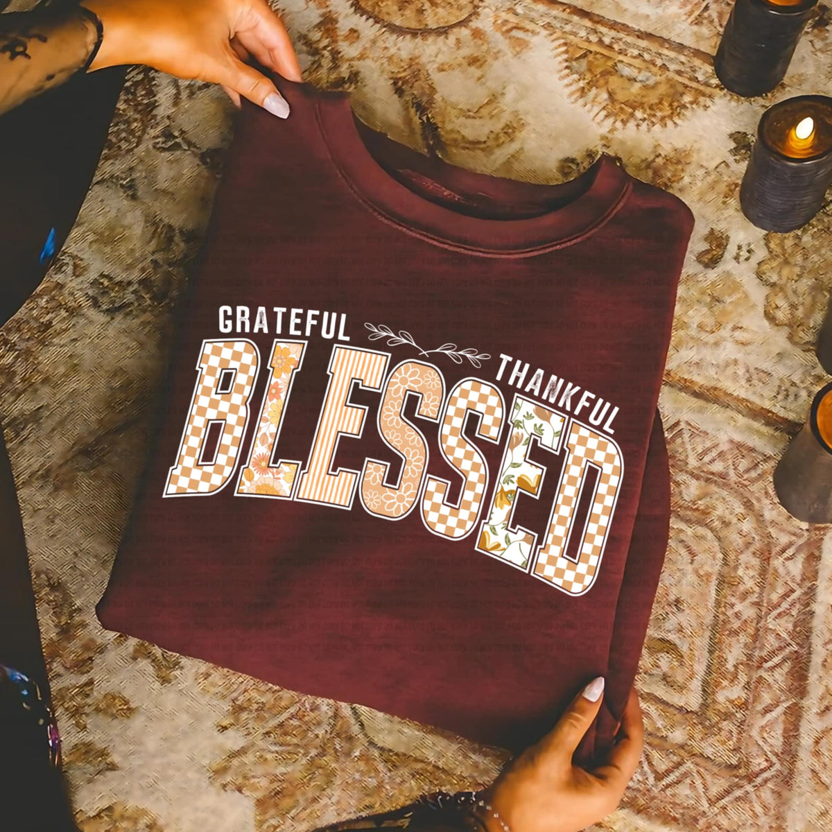 Thankful Grateful Blessed white words REVEL DTF transfer