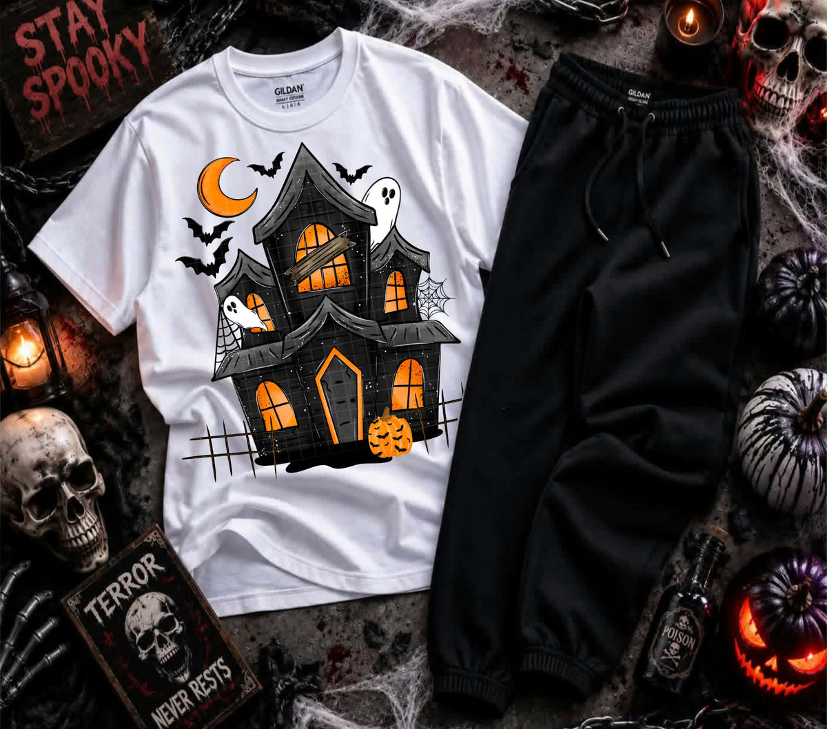 Black haunted house orange lighting (Linda) DTF transfer