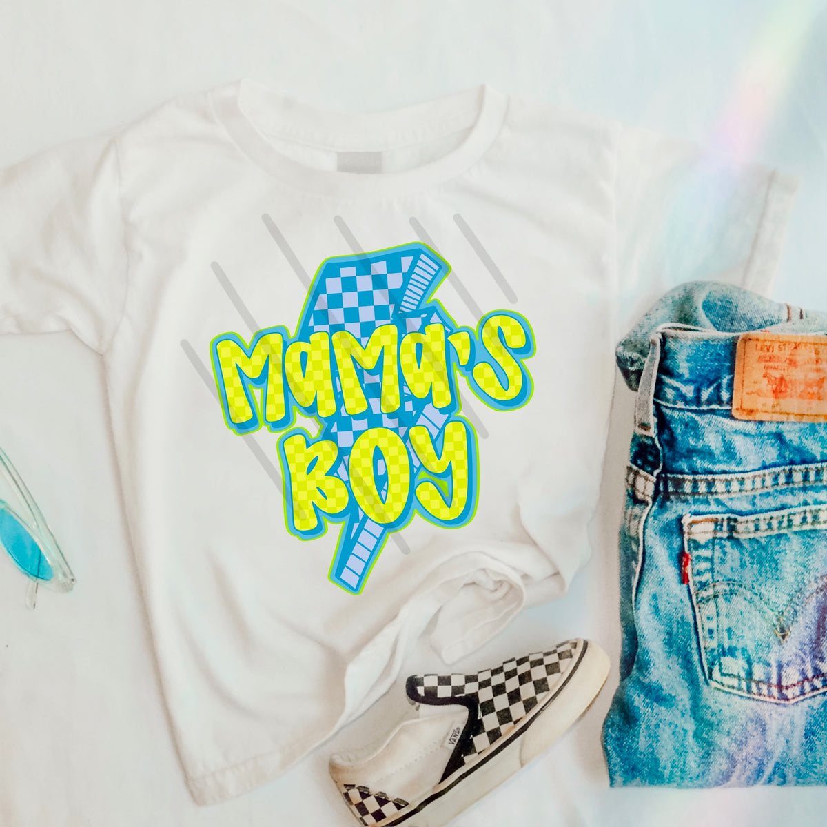 Mamas Boy Green and blue checker bolt scarlow 110325 DTF transfer