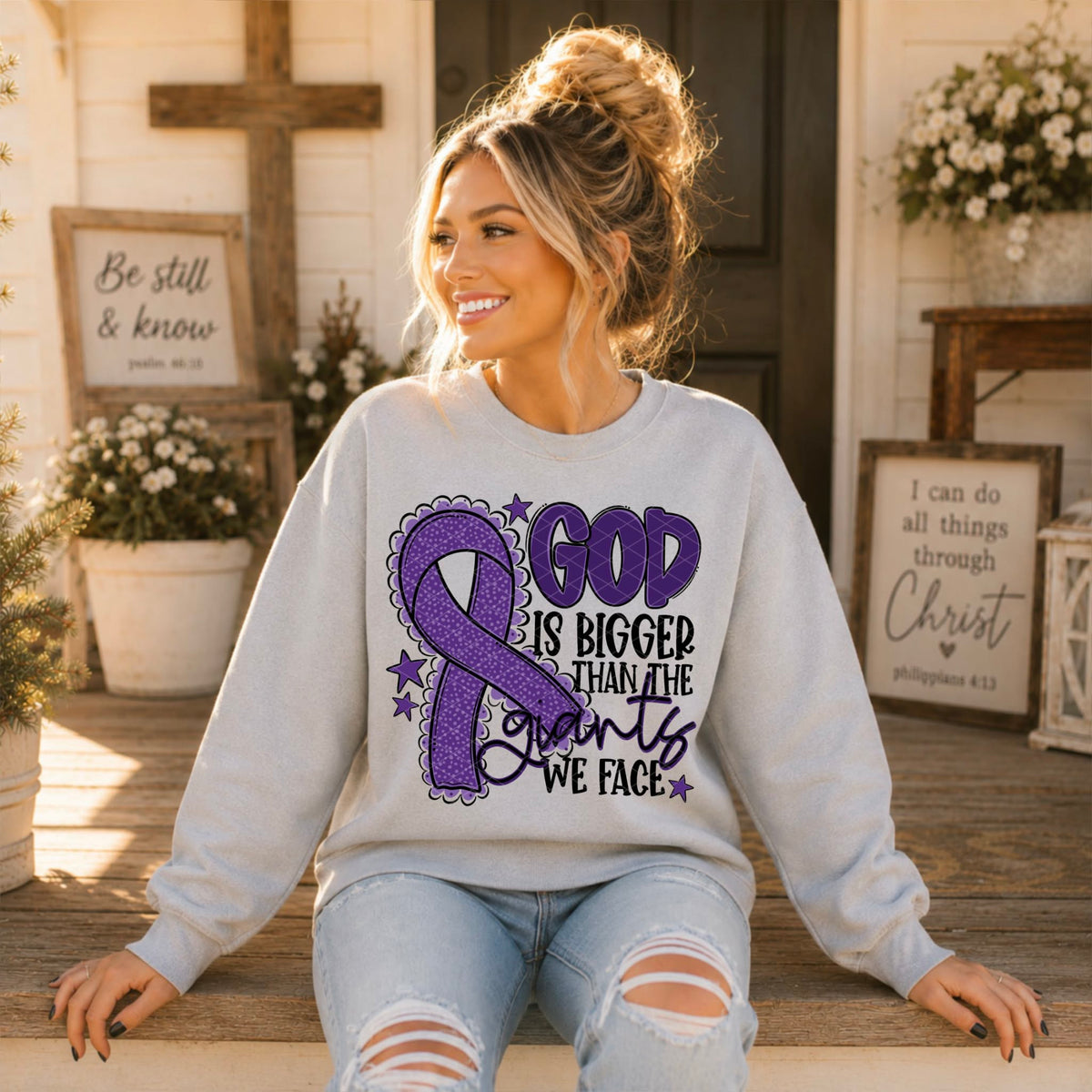God is bigger than the giants we face DARK PURPLE  ribbon (SDD) DTF Transfer