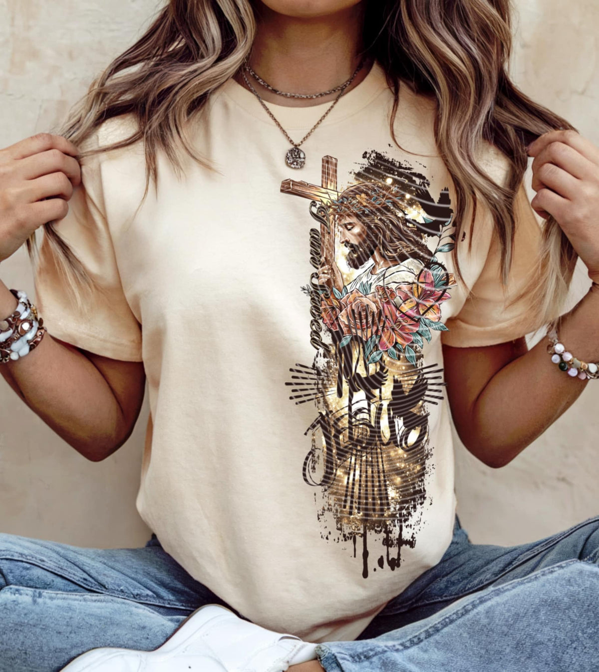Jesus holding cross with flowers VERTICAL AG 90982 DTF transfer