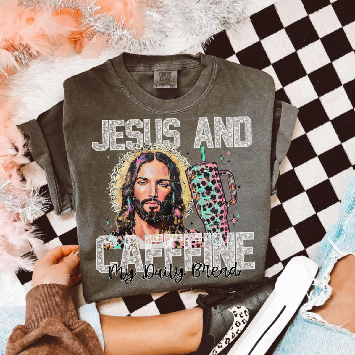 Jesus and caffeine my daily bread white and black font 93935 DTF transfer
