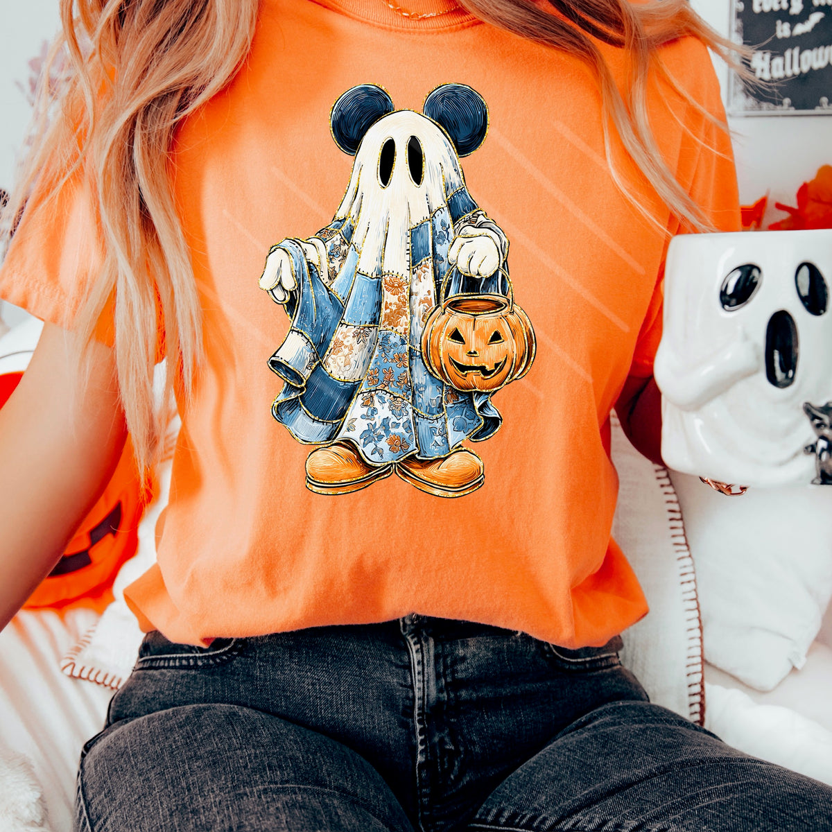 Boy Patchwork Mouse with pumpkin bucket 111871 DTF transfer