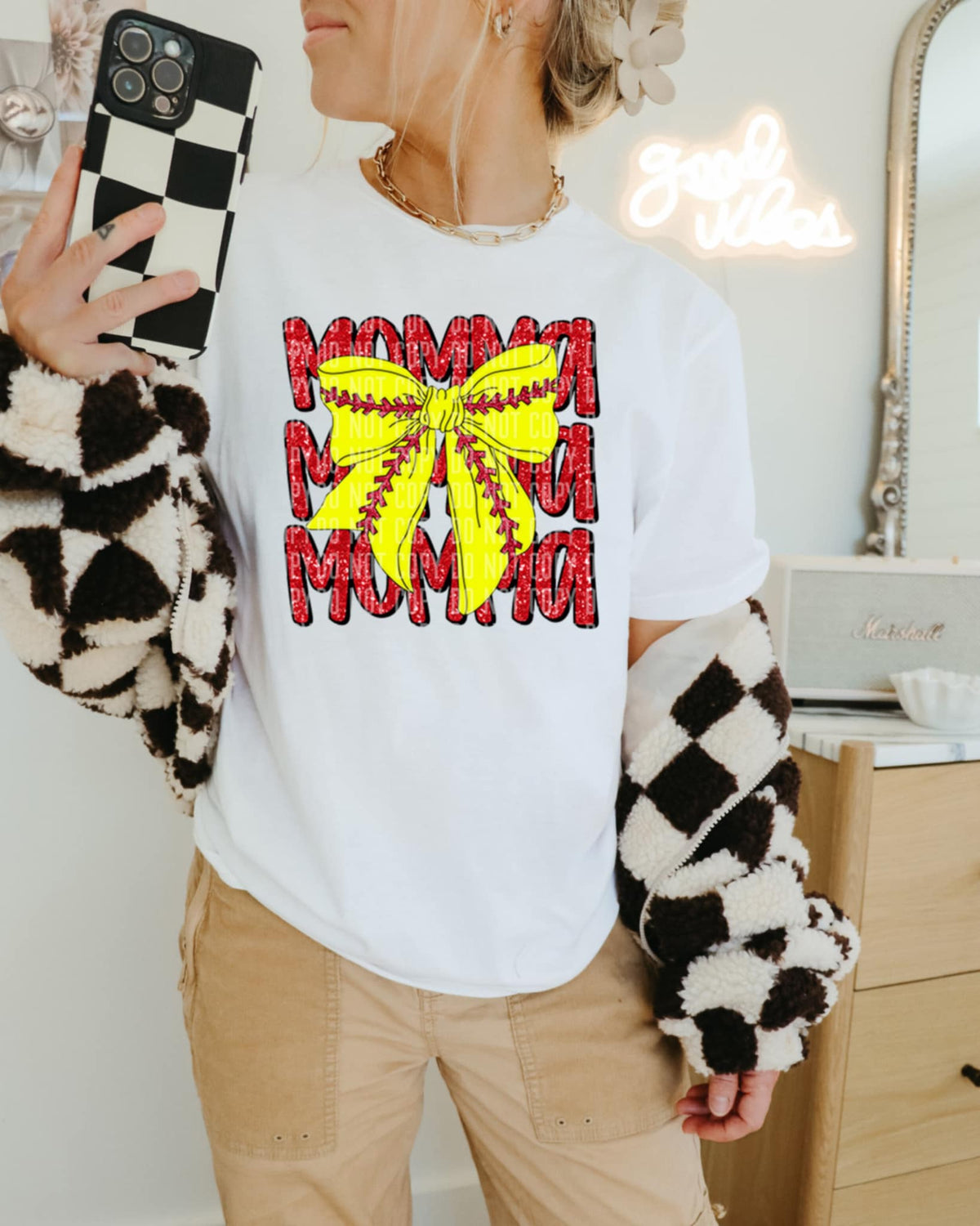Momma stacked with softball bow (Caplinger) 87493 DTF transfer
