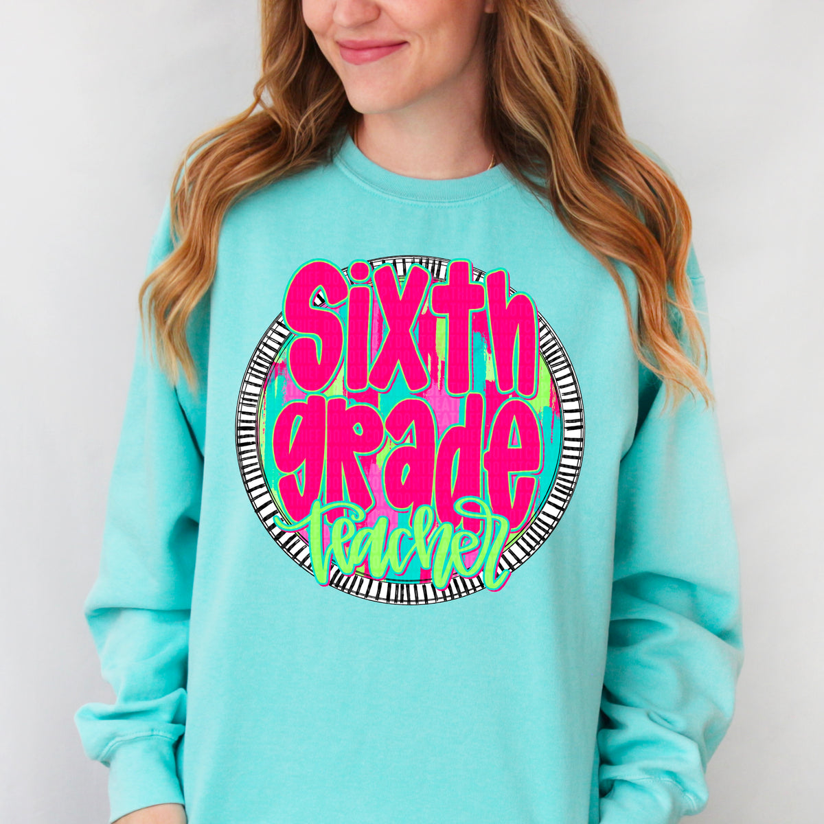 Sixth grade teacher pink font circle 106190 DTF transfer