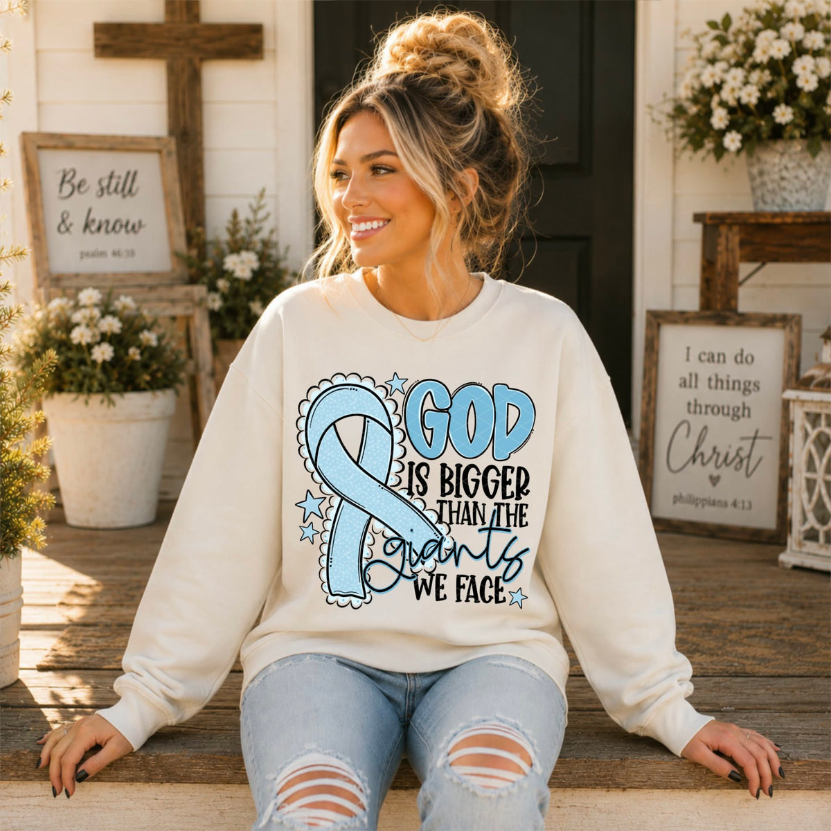 God is bigger than the giants we face BABY BLUE  ribbon (SDD) DTF Transfer
