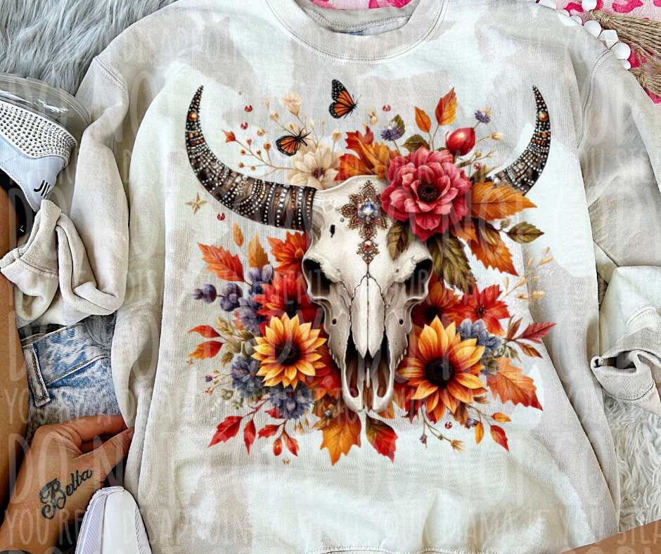 Bull skull red and orange flowers (vintage) 53778 DTF transfer