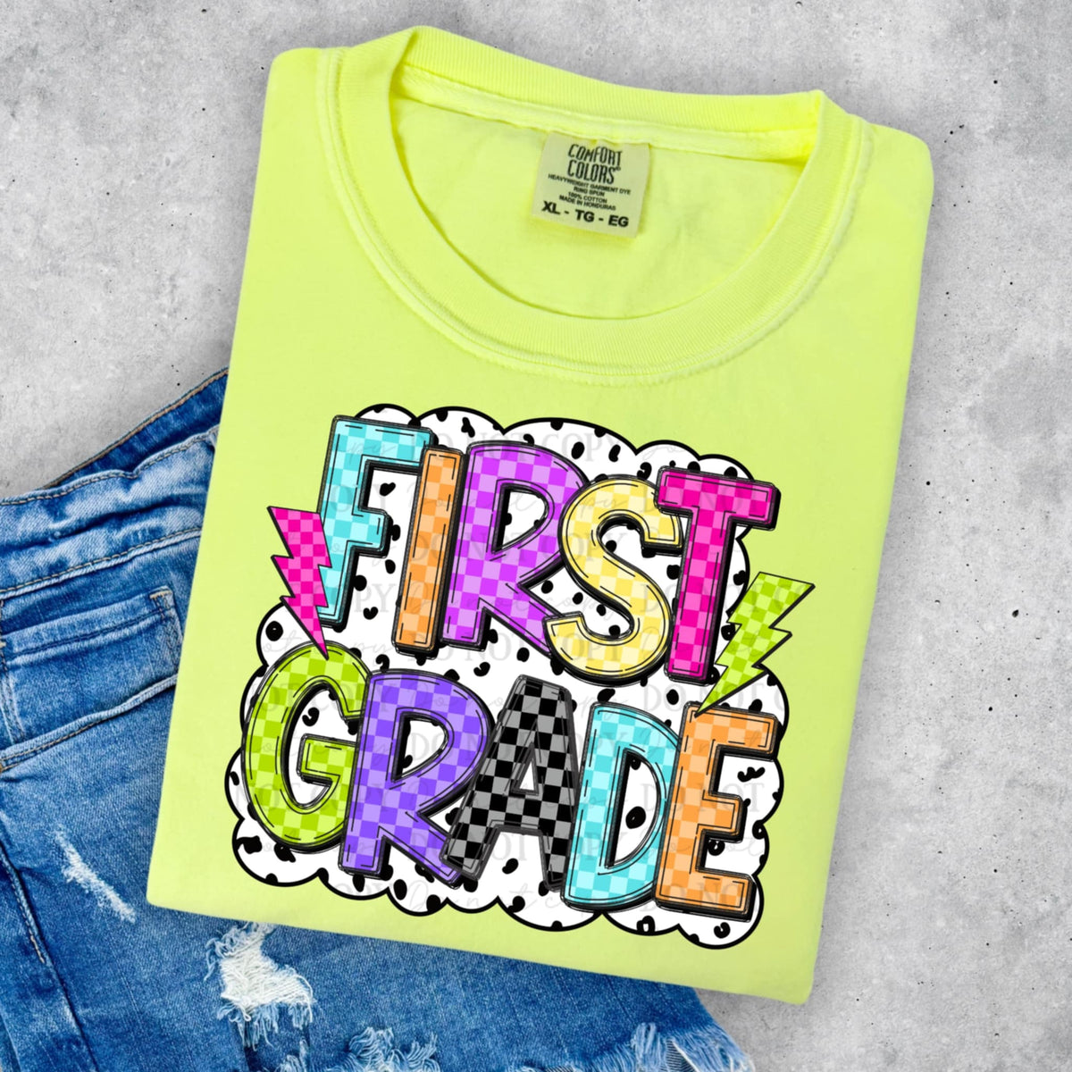 First Grade neon checker and polka dot ABD DTF transfer
