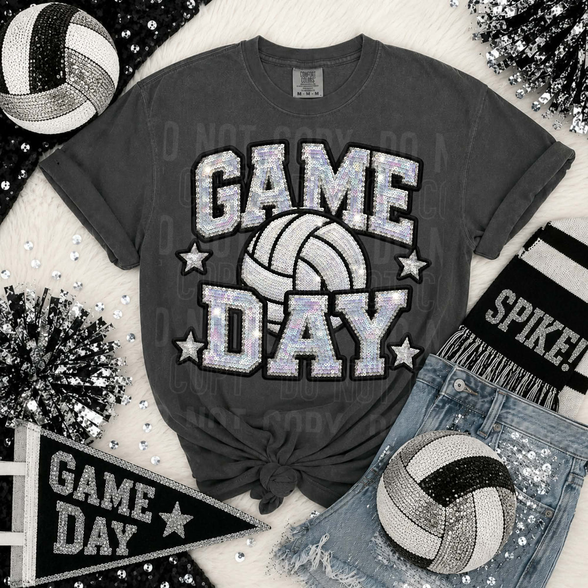 Game day volleyball silver sequins SBB DTF Transfer