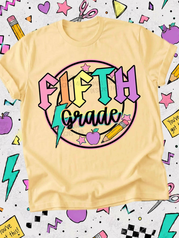 Fifth Grade colorful lightning bolt retro circle with stars (STD) DTF Transfer