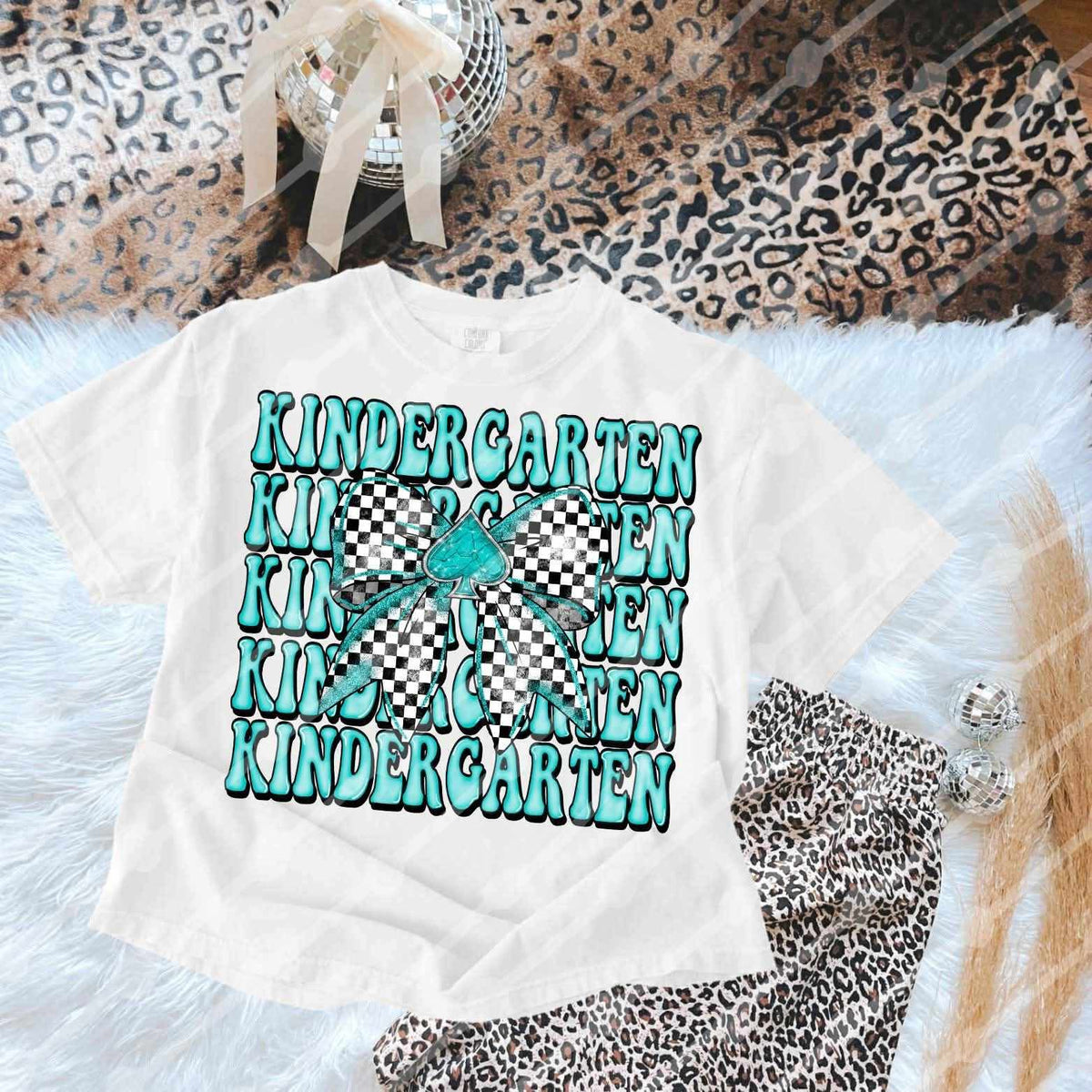 Kindergarten stacked checkered bow blue (JBD) DTF transfer