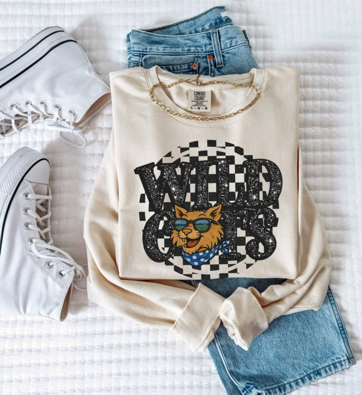 Wildcats Mascot (blue checker scarf) Black Glitter Font GROVE DTF transfer