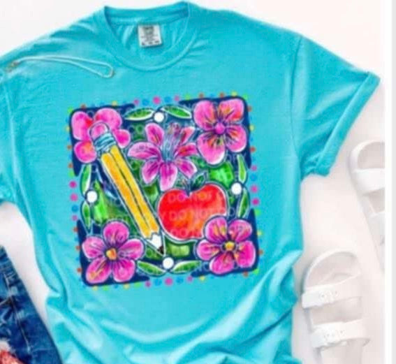 Pencil with flowers and apples  109243 DTF transfer