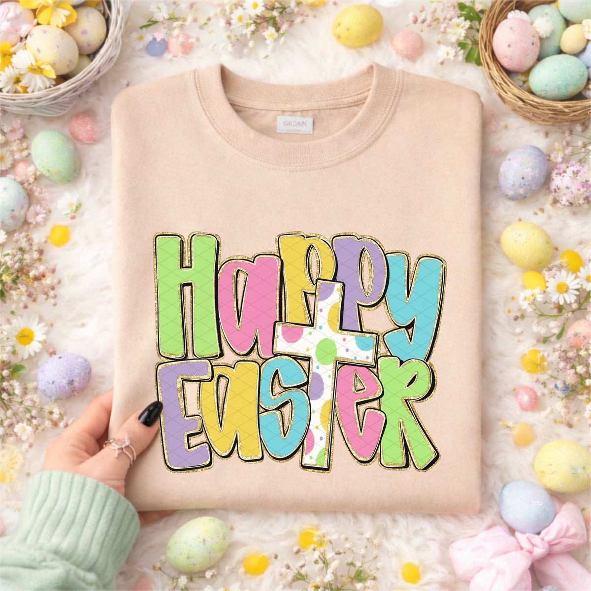 Happy Easter colorful font with cross (SDD) DTF Transfer