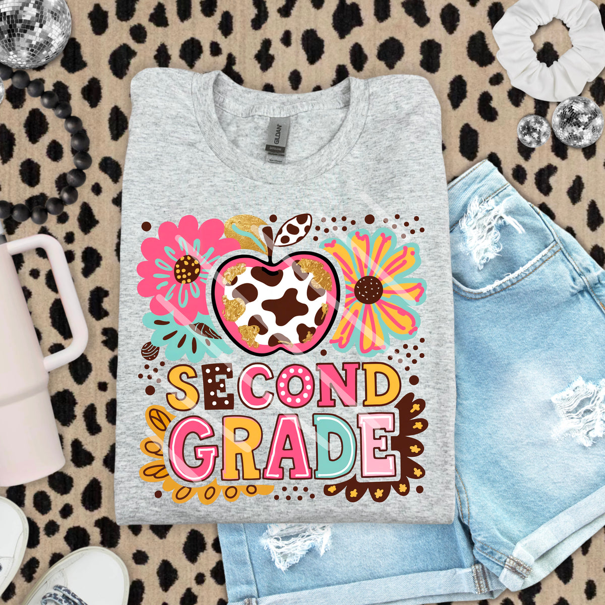 Second Grade Abstract Florals with Apple 110889 DTF Transfer