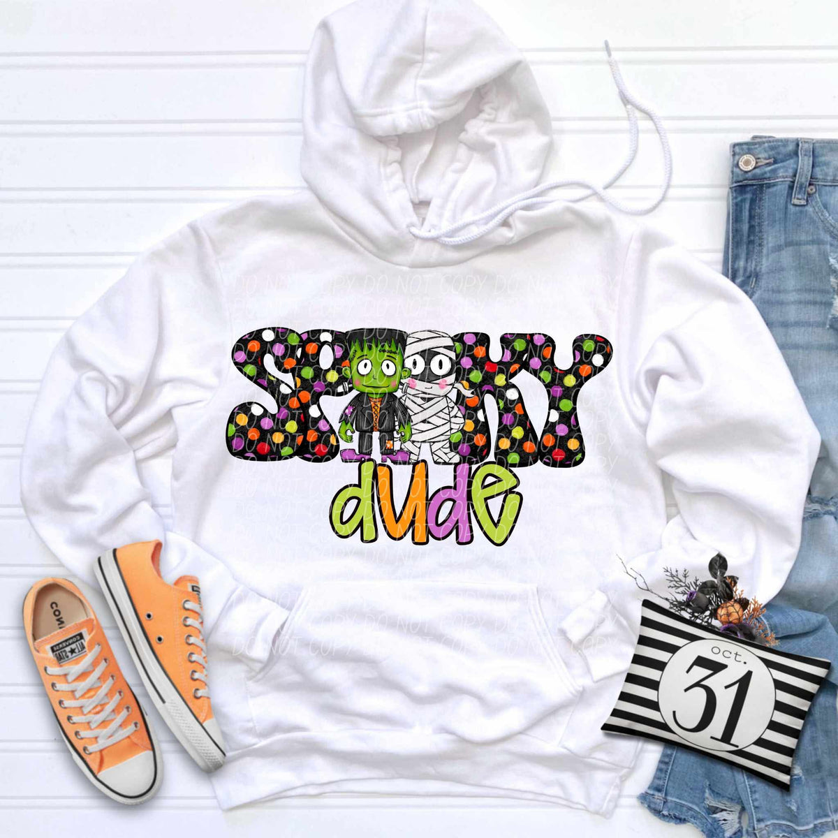 Spooky Dude polka dot mummy and Frankenstein (city) DTF transfer