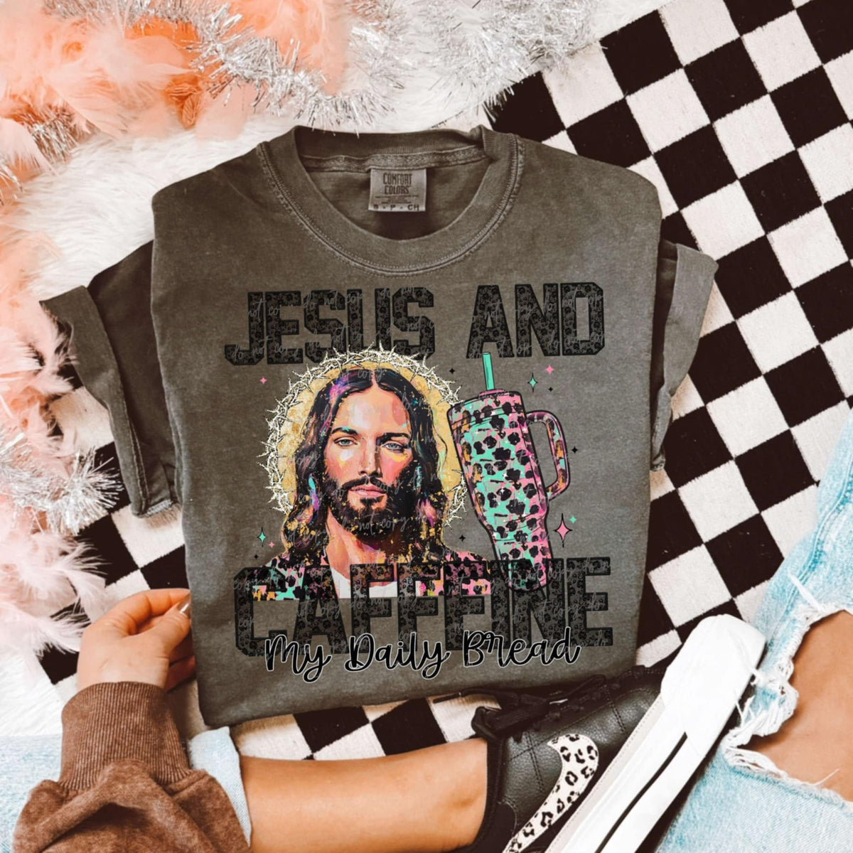 Jesus and caffeine my daily bread black font 93937 DTF transfer