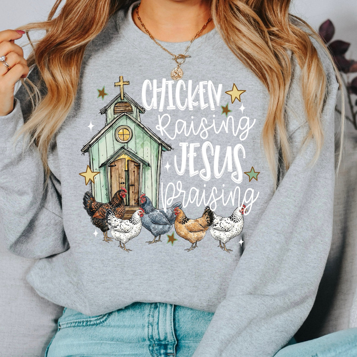 Chicken raising Jesus praying white words DTF Transfer