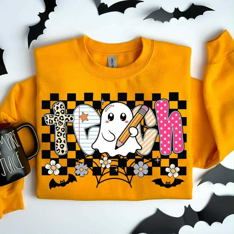 Teach with ghost holding pencil DTF transfer