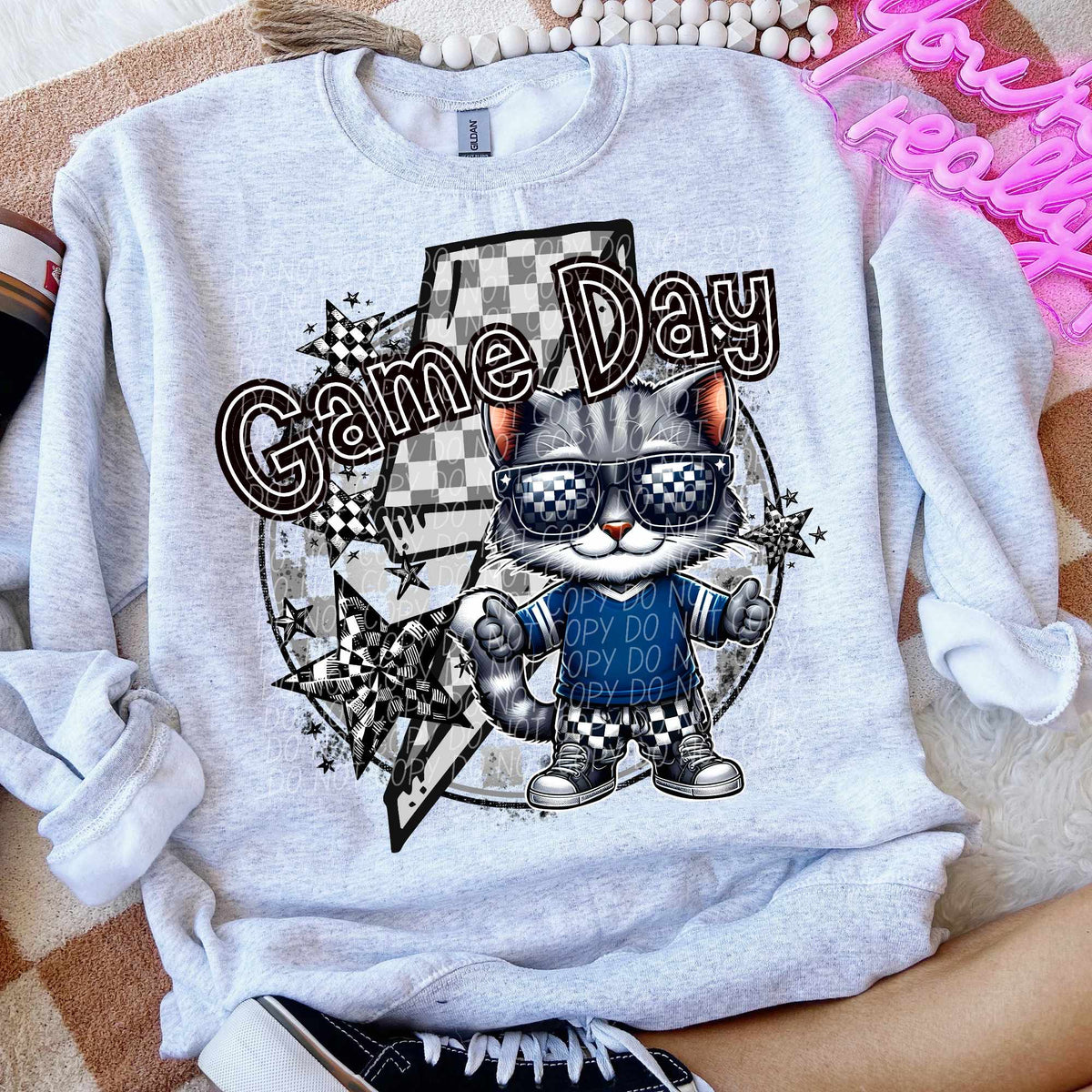 Game day grey cat blue shirt lightning bolt (CITY) 52556 DTF transfer