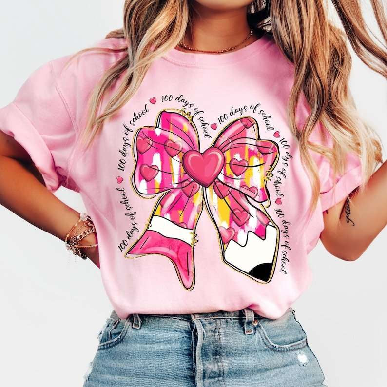 100 days of school pink and yellow bow 77640 DTF transfer