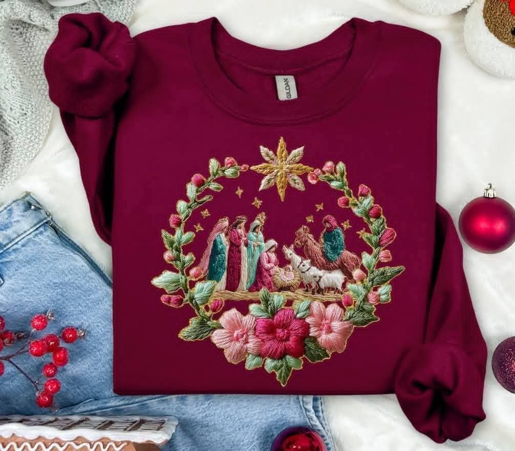 Faux Embroidery nativity wreath (s&g) DTF Transfer